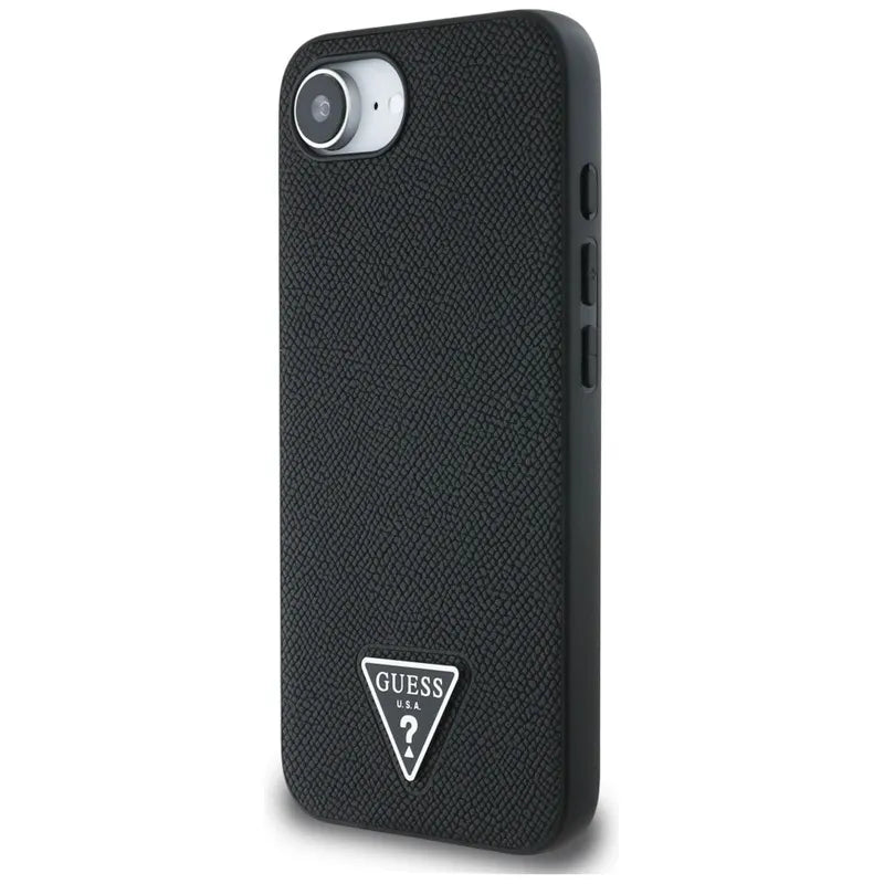 Guess Grained Triangle MagSafe - dėklas, skirtas iPhone 16e (juoda)