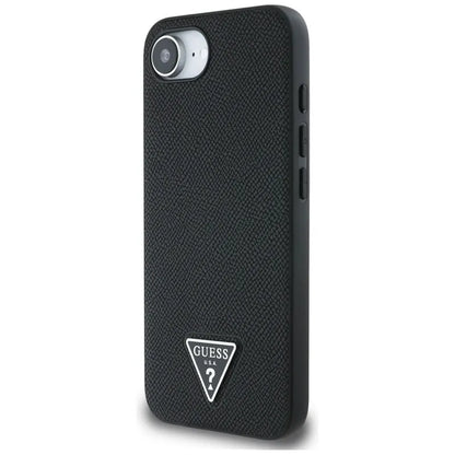 Guess Grained Triangle MagSafe - dėklas, skirtas iPhone 16e (juoda)