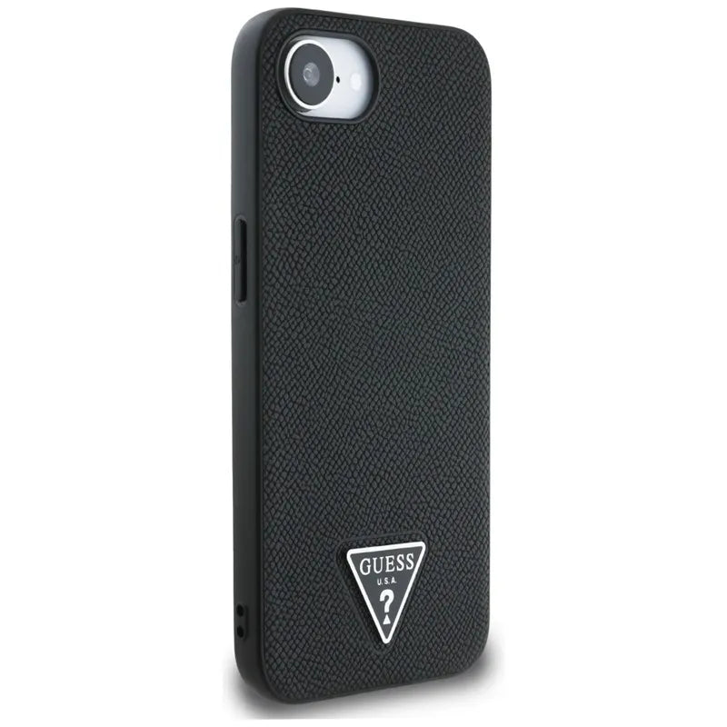 Guess Grained Triangle MagSafe - dėklas, skirtas iPhone 16e (juoda)