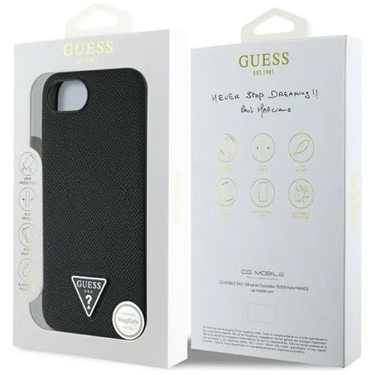 Guess Grained Triangle MagSafe - dėklas, skirtas iPhone 16e (juoda)