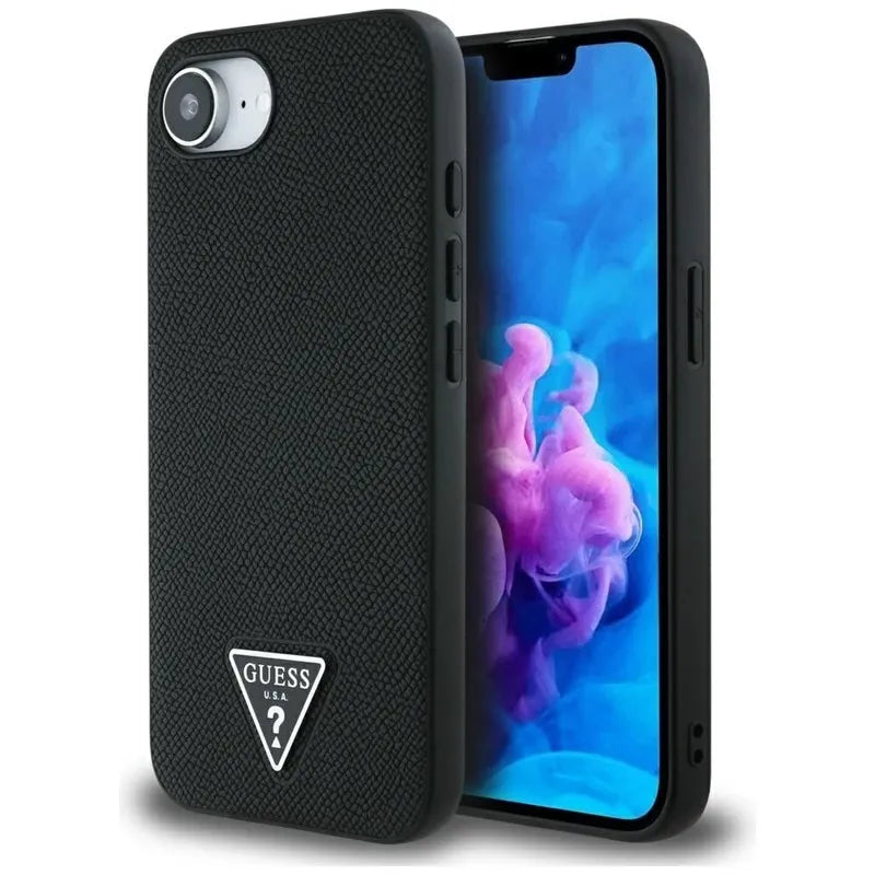 Guess Grained Triangle MagSafe - dėklas, skirtas iPhone 16e (juoda)