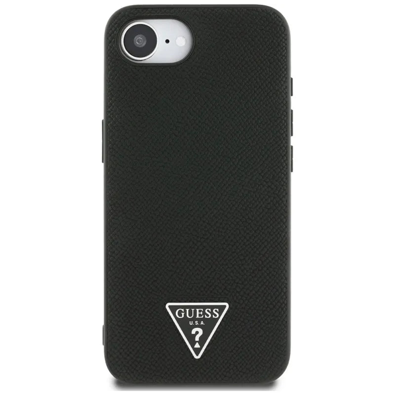 Guess Grained Triangle MagSafe - dėklas, skirtas iPhone 16e (juoda)