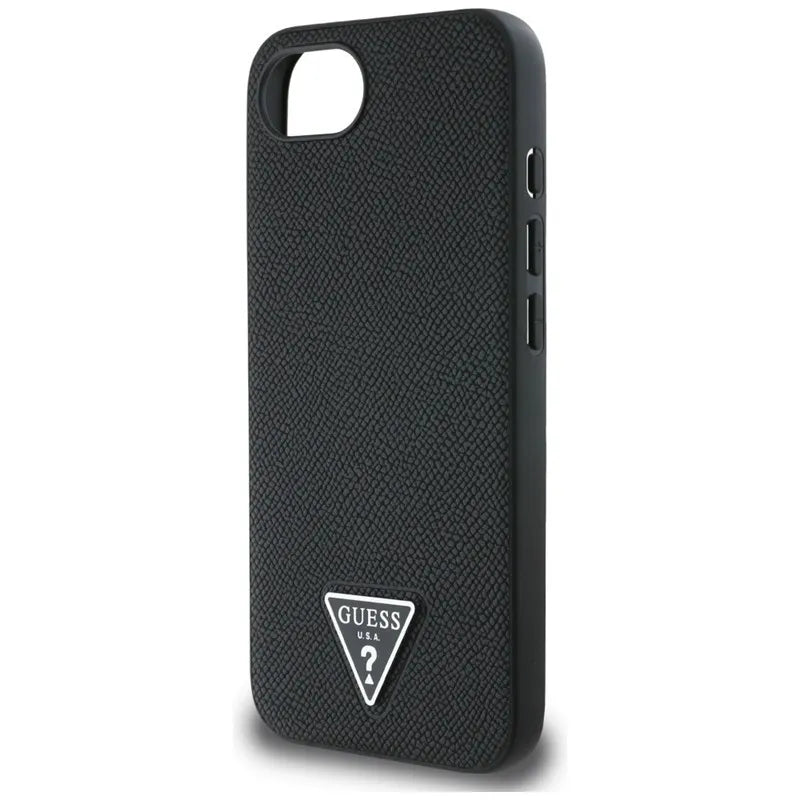 Guess Grained Triangle MagSafe - dėklas, skirtas iPhone 16e (juoda)