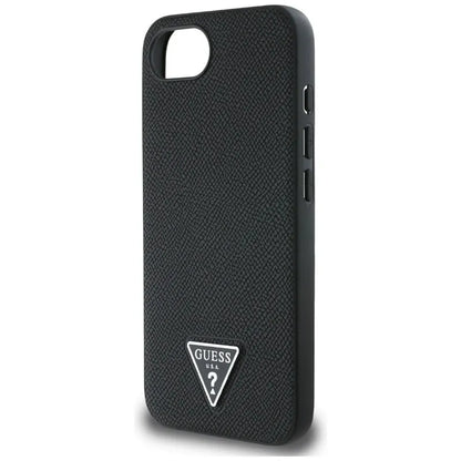 Guess Grained Triangle MagSafe - dėklas, skirtas iPhone 16e (juoda)