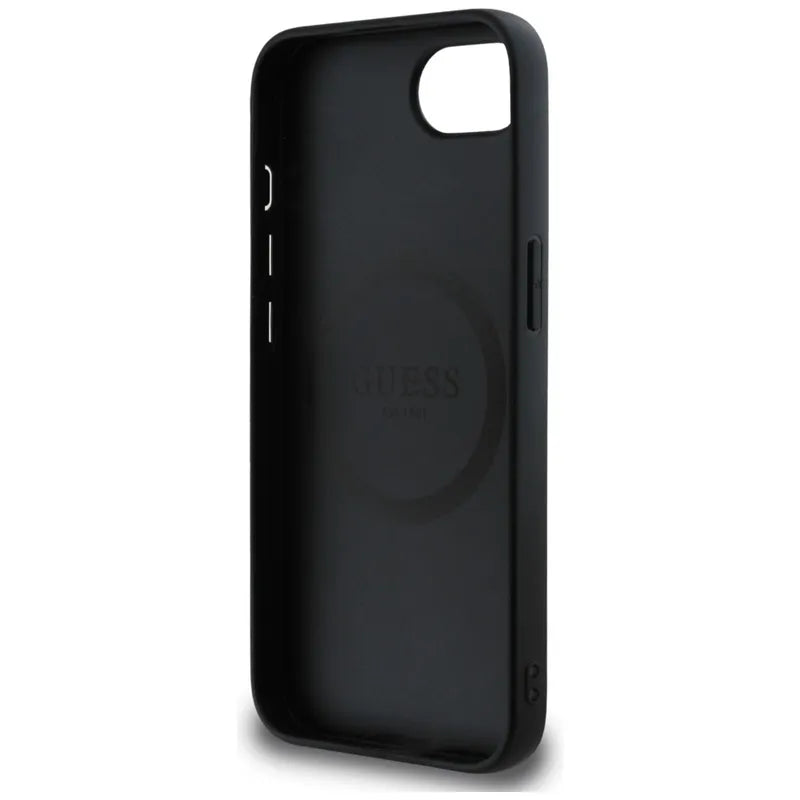 Guess Grained Triangle MagSafe - dėklas, skirtas iPhone 16e (juoda)