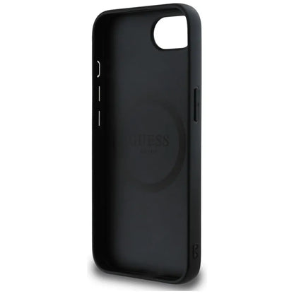 Guess Grained Triangle MagSafe - dėklas, skirtas iPhone 16e (juoda)