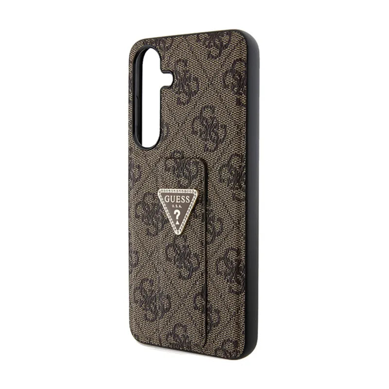 Guess Grip Stand 4G Triangle Strass Logo – dėklas „Samsung Galaxy S24“ (rudas)
