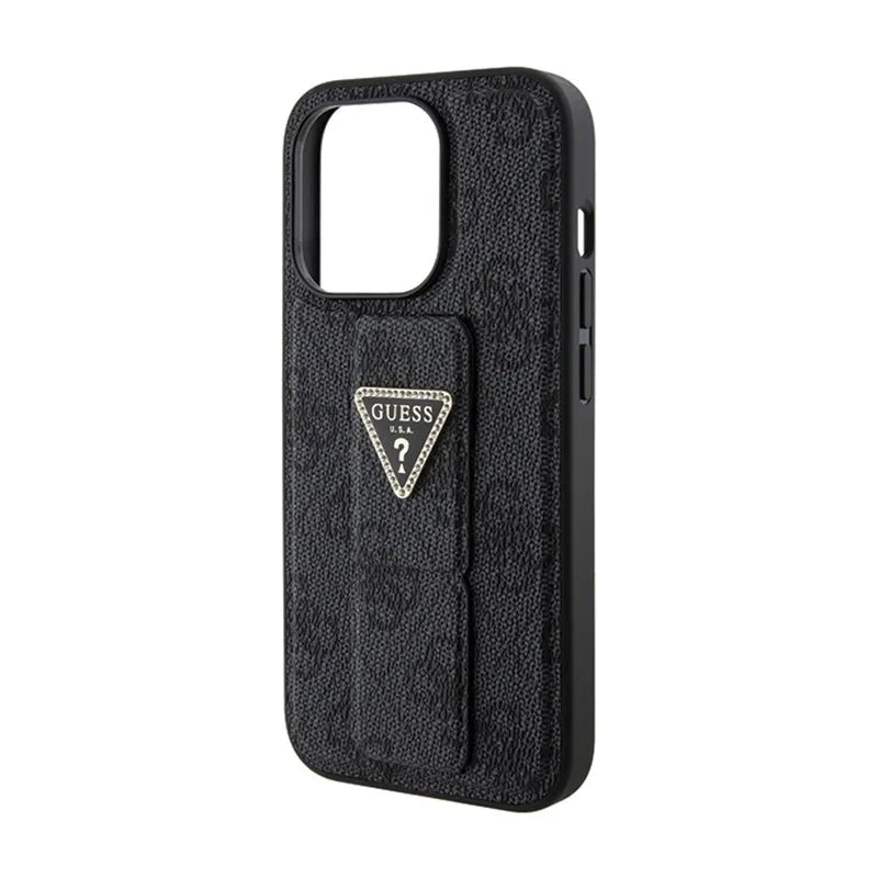 Guess Grip Stand 4G Triangle Strass Logo – iPhone 15 Pro dėklas (juodas)