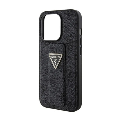Guess Grip Stand 4G Triangle Strass Logo – iPhone 15 Pro dėklas (juodas)