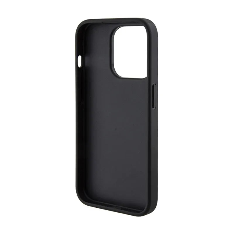 Guess Grip Stand 4G Triangle Strass Logo – iPhone 15 Pro dėklas (juodas)