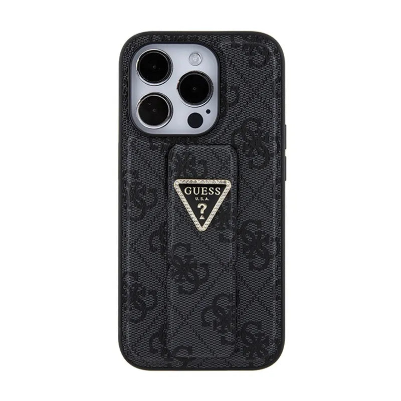 Guess Grip Stand 4G Triangle Strass Logo – iPhone 15 Pro dėklas (juodas)