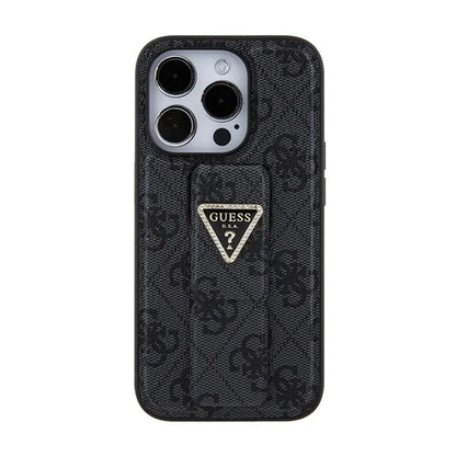 Guess Grip Stand 4G Triangle Strass Logo – iPhone 15 Pro dėklas (juodas)