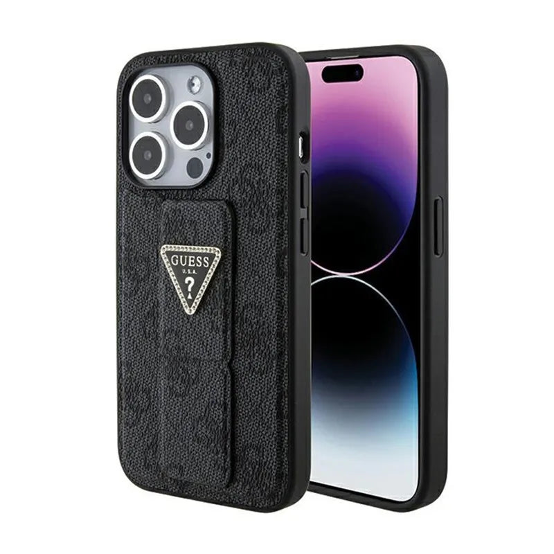 Guess Grip Stand 4G Triangle Strass Logo – iPhone 15 Pro dėklas (juodas)