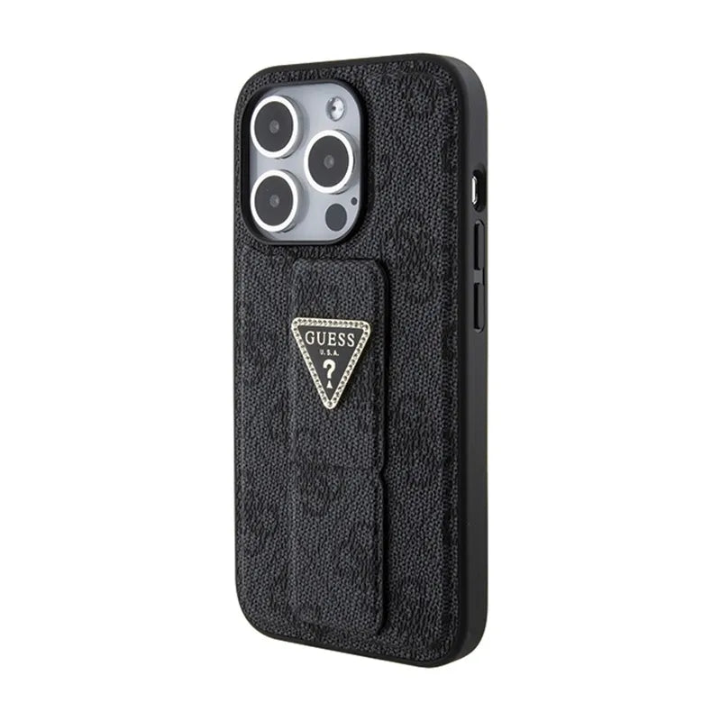 Guess Grip Stand 4G Triangle Strass Logo – iPhone 15 Pro dėklas (juodas)