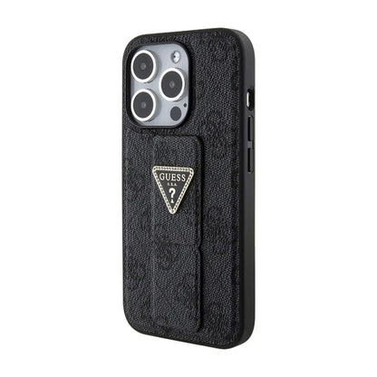 Guess Grip Stand 4G Triangle Strass Logo – iPhone 15 Pro dėklas (juodas)