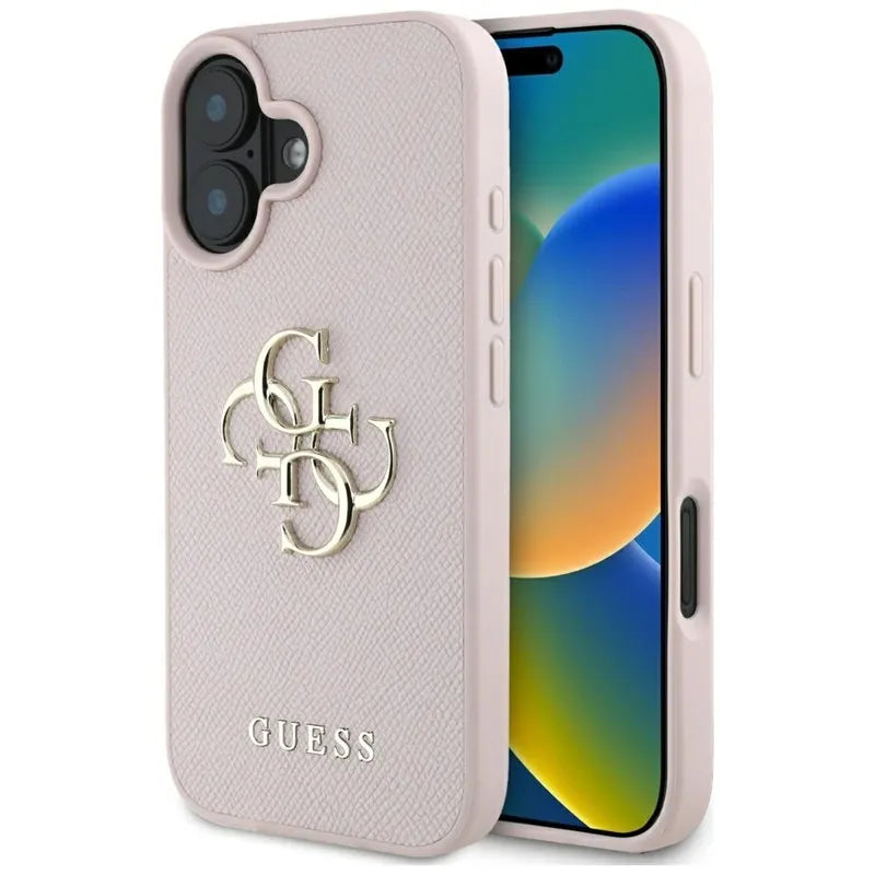 Guess grūdėtas dėklas iPhone 16 su 4G ir klasikiniu logotipu (rožinis)