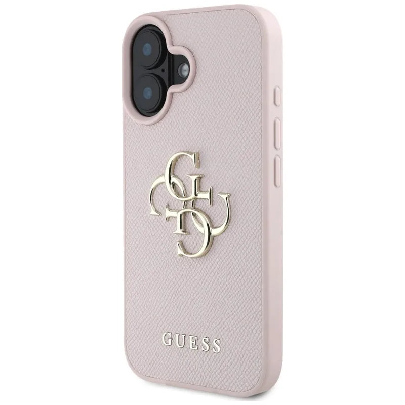 Guess grūdėtas dėklas iPhone 16 su 4G ir klasikiniu logotipu (rožinis)