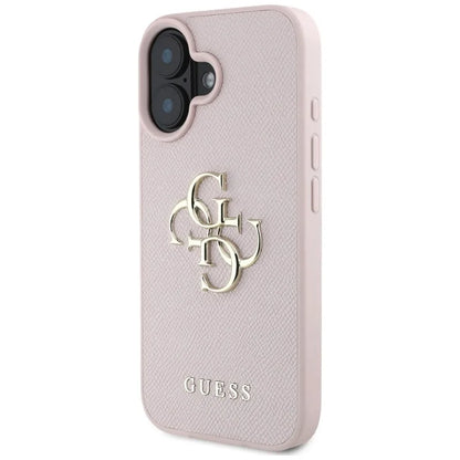 Guess grūdėtas dėklas iPhone 16 su 4G ir klasikiniu logotipu (rožinis)