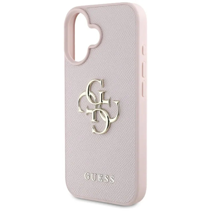 Guess grūdėtas dėklas iPhone 16 su 4G ir klasikiniu logotipu (rožinis)