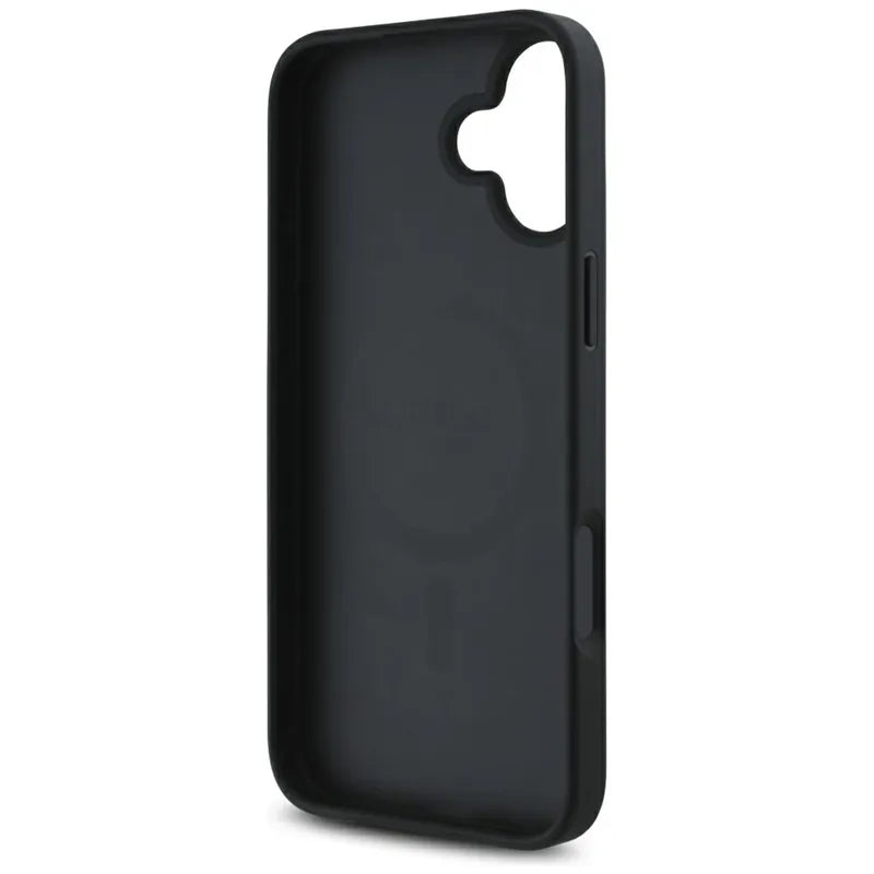 Guess Grūdėtas karštas antspaudas bijūnų trikampio logotipas MagSafe – dėklas iPhone 16 (juodas)