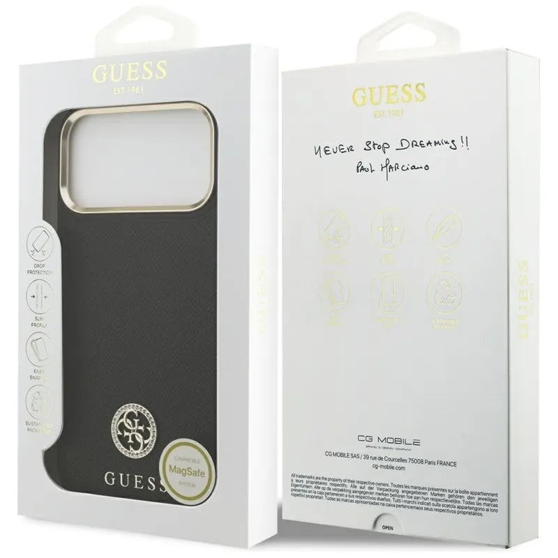Guess Grūdėtas Strass Logotipas MagSafe dėklas iPhone 17 Pro Max (juodas)