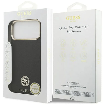 Guess Grūdėtas Strass Logotipas MagSafe dėklas iPhone 17 Pro Max (juodas)
