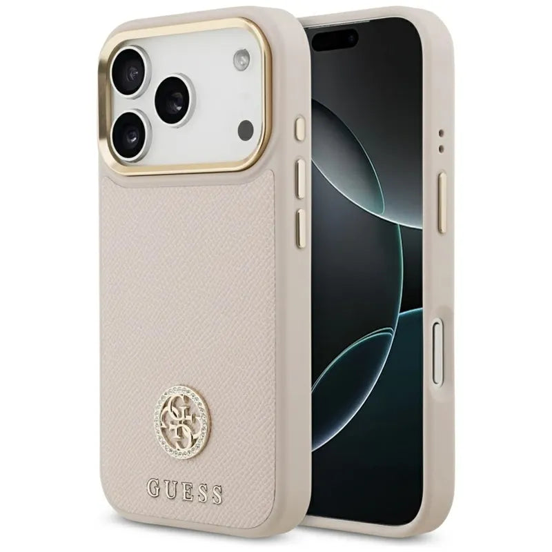 Guess Grūdėtas Strass Logotipas MagSafe dėklas iPhone 17 Pro (rožinis)