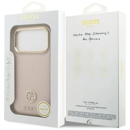 Guess Grūdėtas Strass Logotipas MagSafe dėklas iPhone 17 Pro (rožinis)