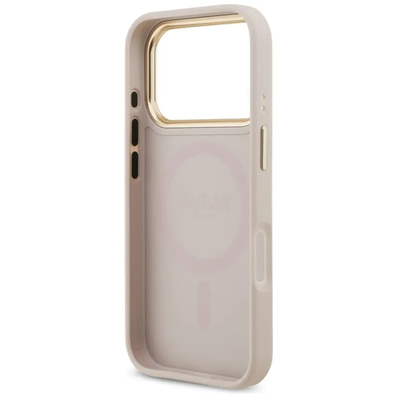 Guess Grūdėtas Strass Logotipas MagSafe dėklas iPhone 17 Pro (rožinis)