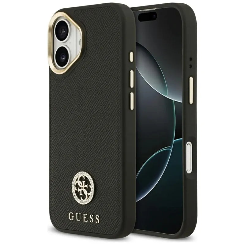 Guess Grūdėtas Strasų Logotipo MagSafe Dėklas iPhone 17 (juodas)