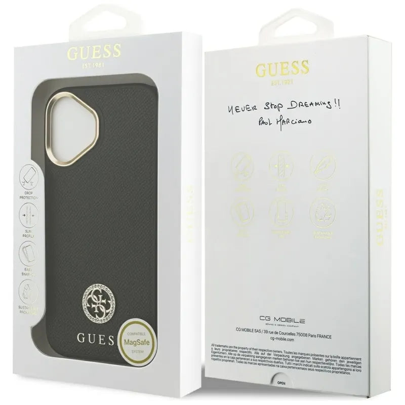 Guess Grūdėtas Strasų Logotipo MagSafe Dėklas iPhone 17 (juodas)