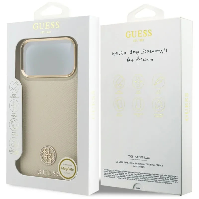 Guess Grūdėtas Strazdų Logotipo MagSafe – Dėklas iPhone 17 Pro Max (smėlio spalvos)