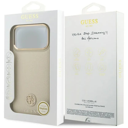 Guess Grūdėtas Strazdų Logotipo MagSafe – Dėklas iPhone 17 Pro Max (smėlio spalvos)