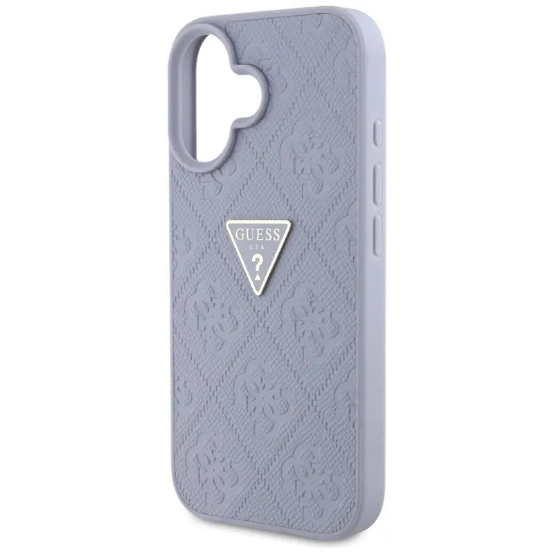 Guess Hot Stamp 4G Pattern Triangle Metal Logo – Dėklas iPhone 16 (violetinė)