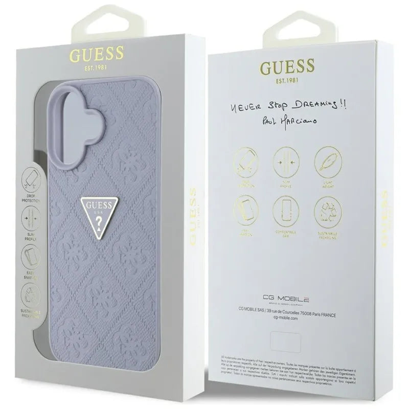 Guess Hot Stamp 4G Pattern Triangle Metal Logo – Dėklas iPhone 16 (violetinė)