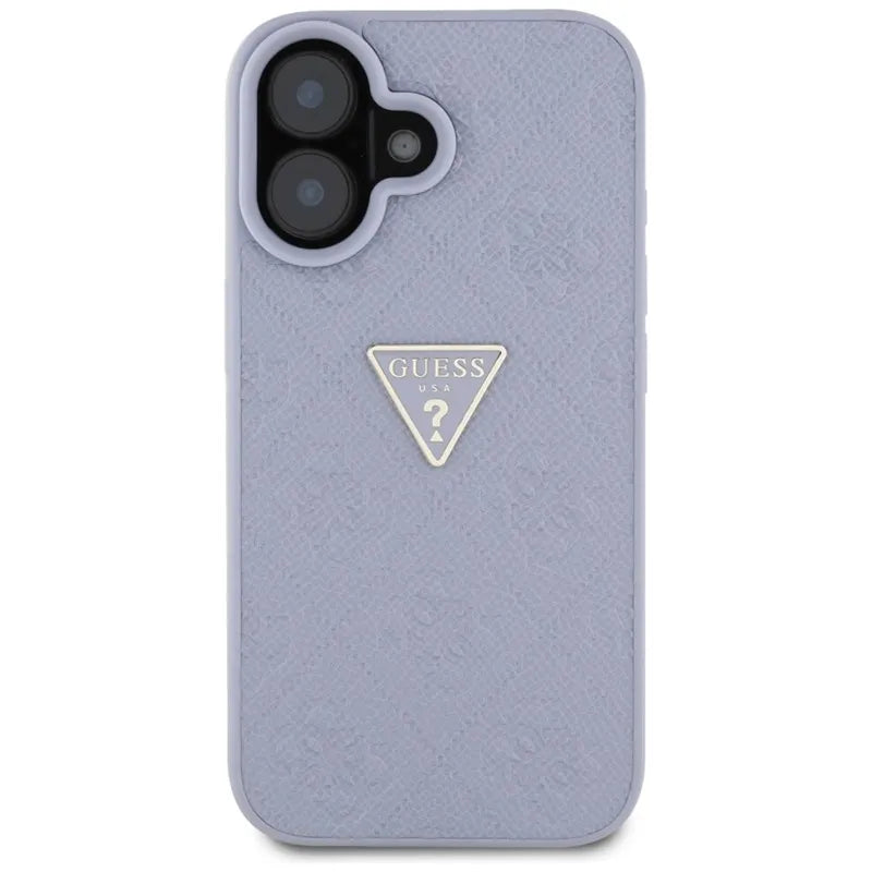 Guess Hot Stamp 4G Pattern Triangle Metal Logo – Dėklas iPhone 16 (violetinė)