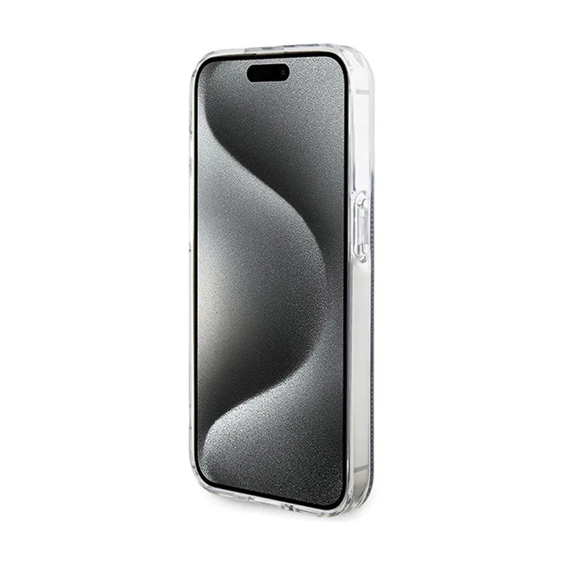 Guess IML 4G Gold Stripe – dėklas iPhone 15 Pro (juodas)