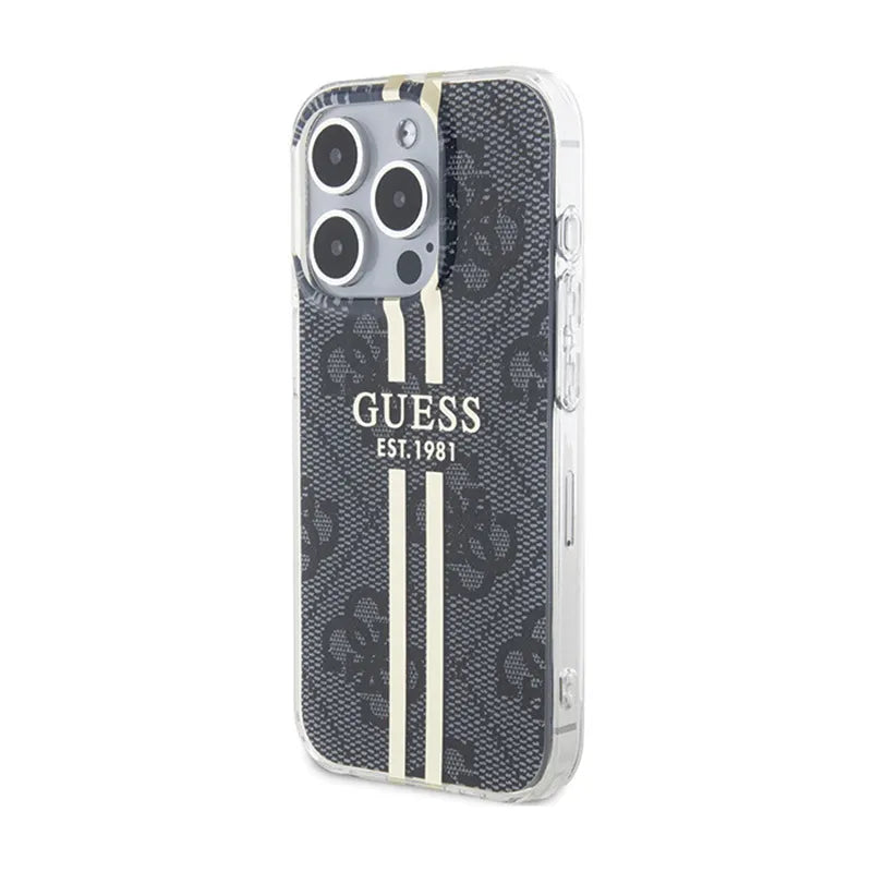 Guess IML 4G Gold Stripe – dėklas iPhone 15 Pro (juodas)