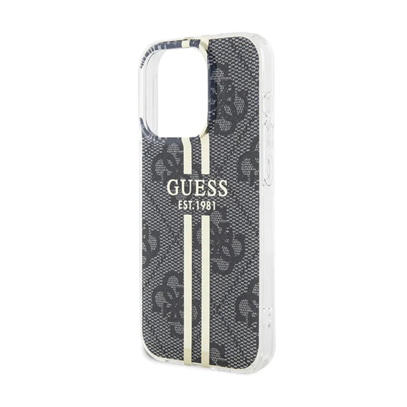 Guess IML 4G Gold Stripe – dėklas iPhone 15 Pro (juodas)