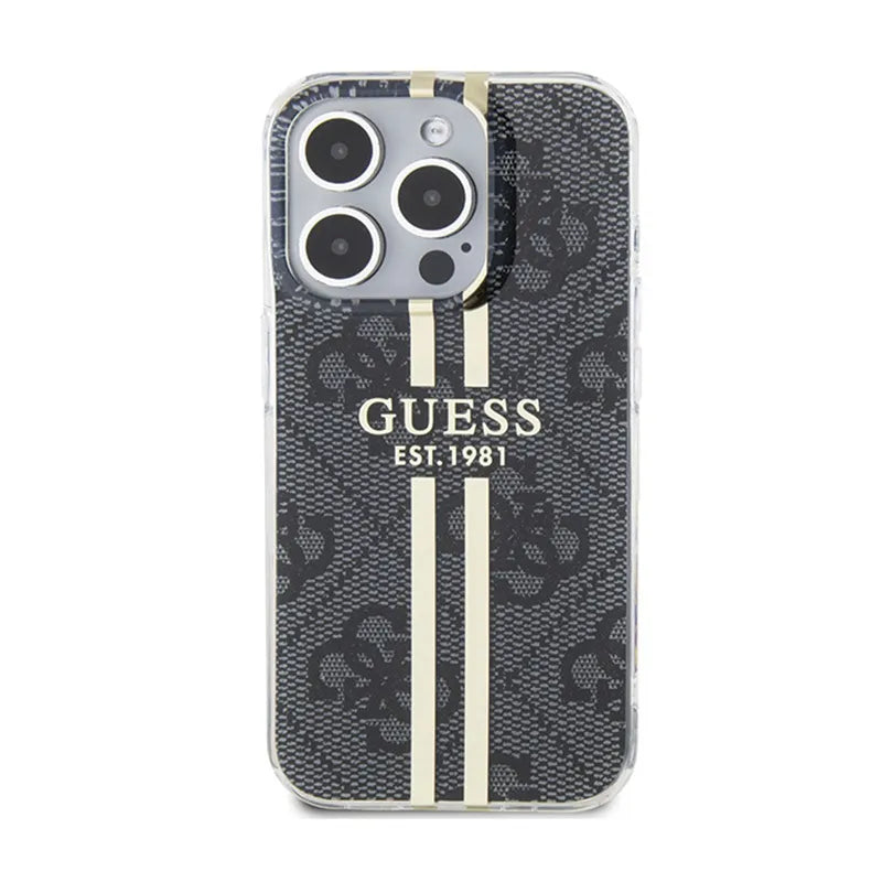 Guess IML 4G Gold Stripe – dėklas iPhone 15 Pro (juodas)