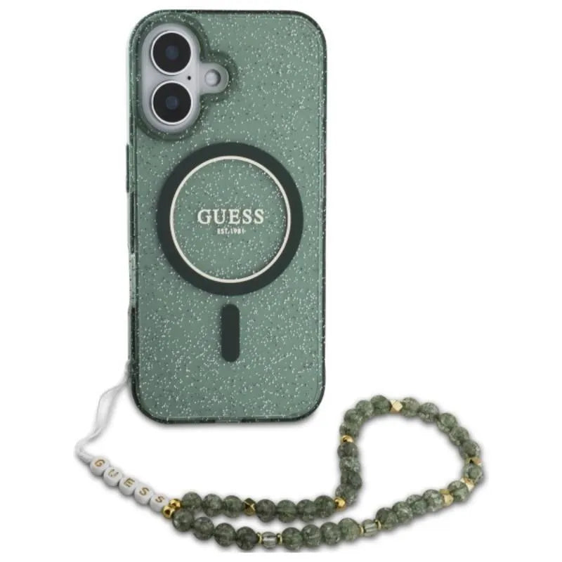 Guess IML Blizgučiai su Perliniu Dirželiu MagSafe – dėklas skirtas iPhone 16 Plus (Žalias)