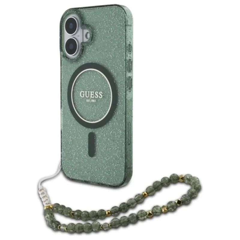 Guess IML Blizgučiai su Perliniu Dirželiu MagSafe – dėklas skirtas iPhone 16 Plus (Žalias)