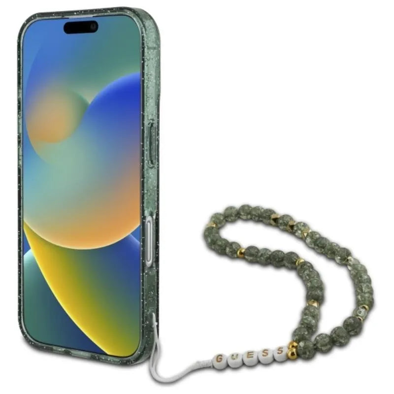 Guess IML Blizgučiai su Perliniu Dirželiu MagSafe – dėklas skirtas iPhone 16 Plus (Žalias)