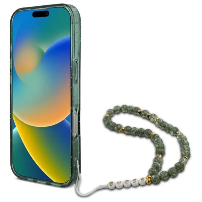 Guess IML blizgučiai su perlo dirželiu MagSafe – dėklas iPhone 16 Pro Max (žalia)