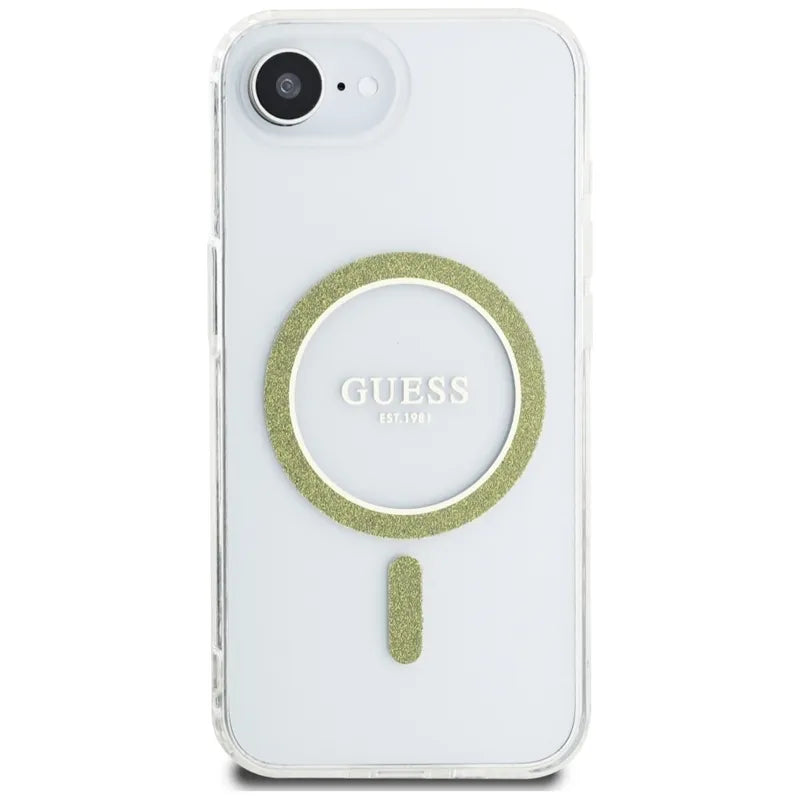 Guess IML blizgučių apvalus MagSafe – „iPhone 16e“ dėklas (skaidrus)