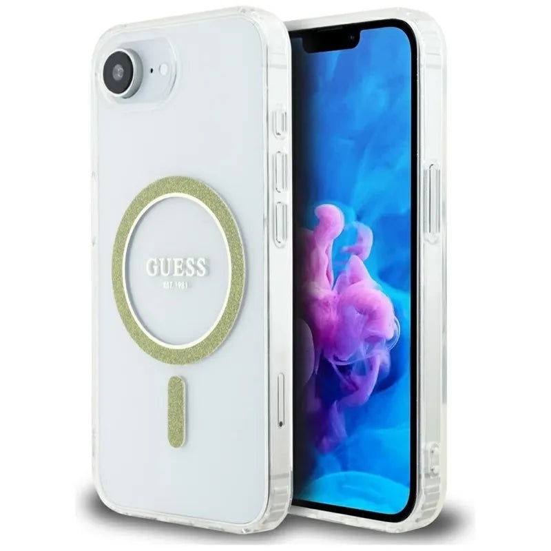 Guess IML blizgučių apvalus MagSafe – „iPhone 16e“ dėklas (skaidrus)