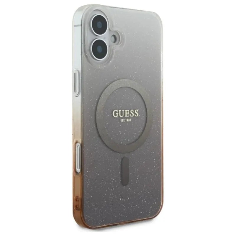 Guess IML Blizgučių gradientas MagSafe – dėklas, skirtas „iPhone 16 Plus“ (rudas)