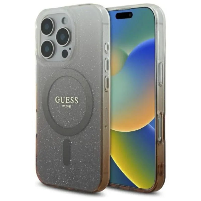 Guess IML blizgučių gradiento MagSafe – dėklas, skirtas „iPhone 16 Pro“ (rudas)