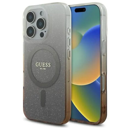Guess IML blizgučių gradiento MagSafe – dėklas, skirtas „iPhone 16 Pro“ (rudas)