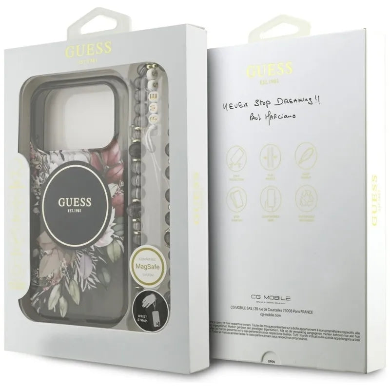 Guess IML Flowers Electro Pearl dirželis MagSafe – dėklas iPhone 17 Pro (juodas)